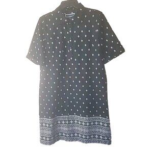 Karen Scott Shirt Dress Sz L Black White Painted Diamond Hem Border Cuff Sleeve